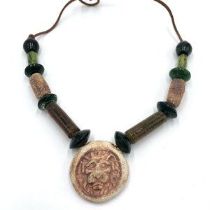 Lion Pottery Clay and Glass Necklace Leather tie On Handmade Boho Primitive